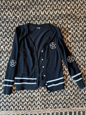 Spirit Halloween Black Cardigan with Pentagram Patches Size M